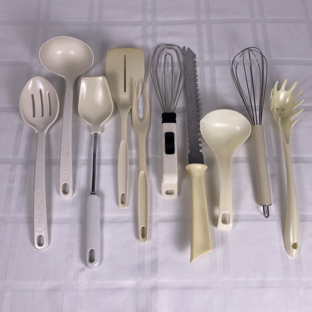 Retro White Kitchen Utensils. Lot of 10. Brands‎ vary